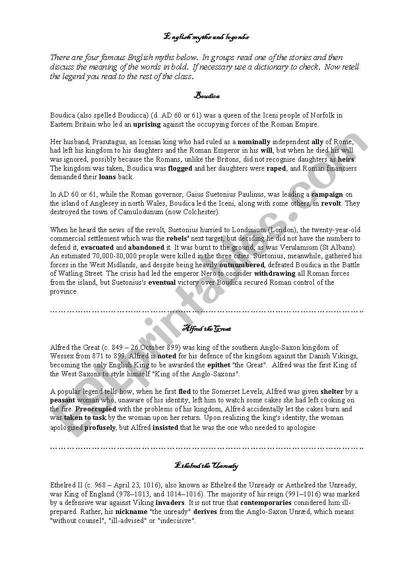 English myths and legends worksheet