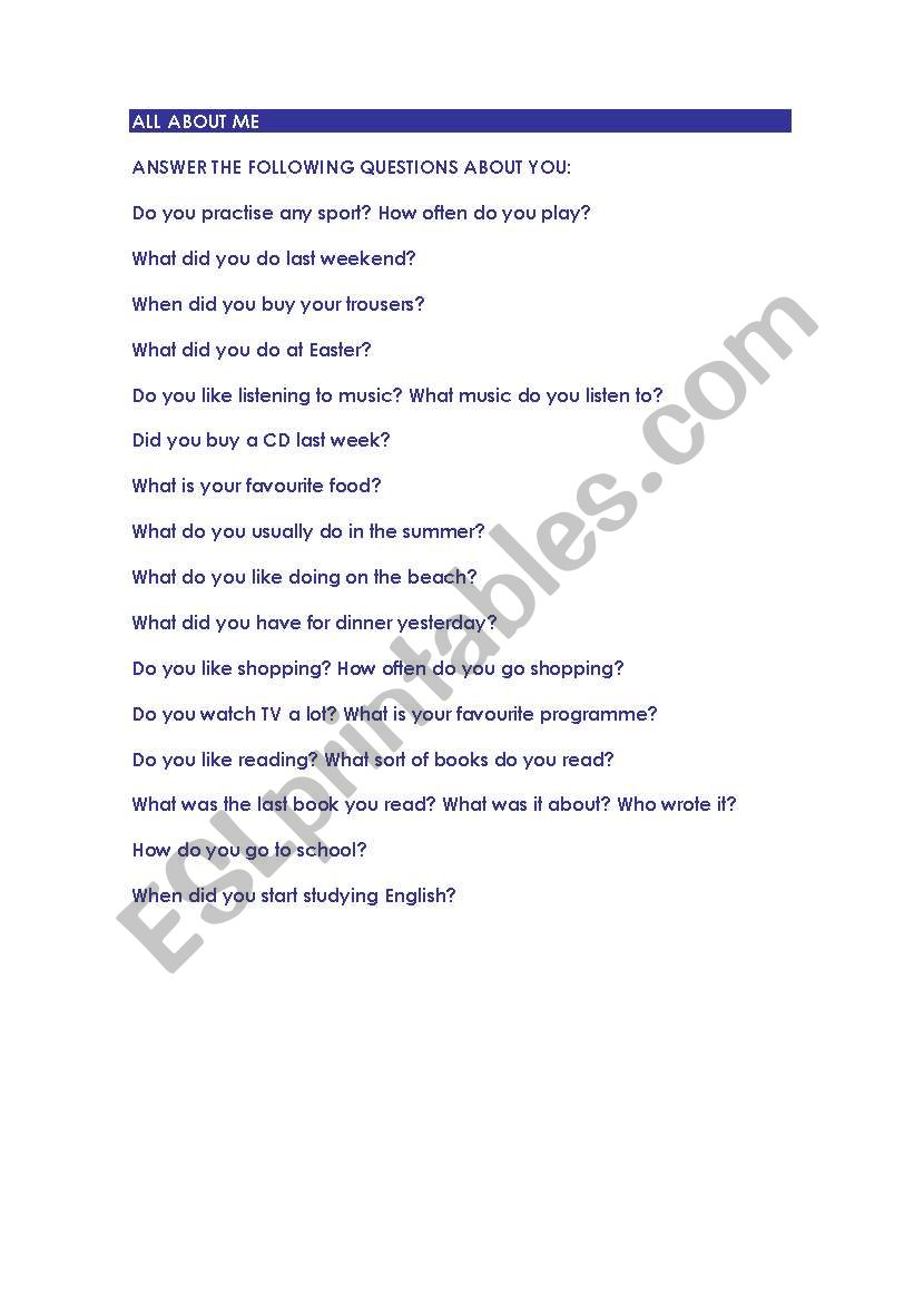 All about me worksheet