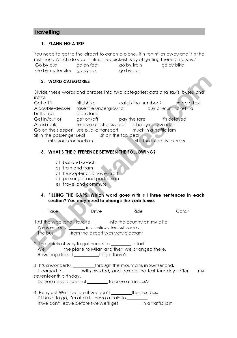 Travelling worksheet