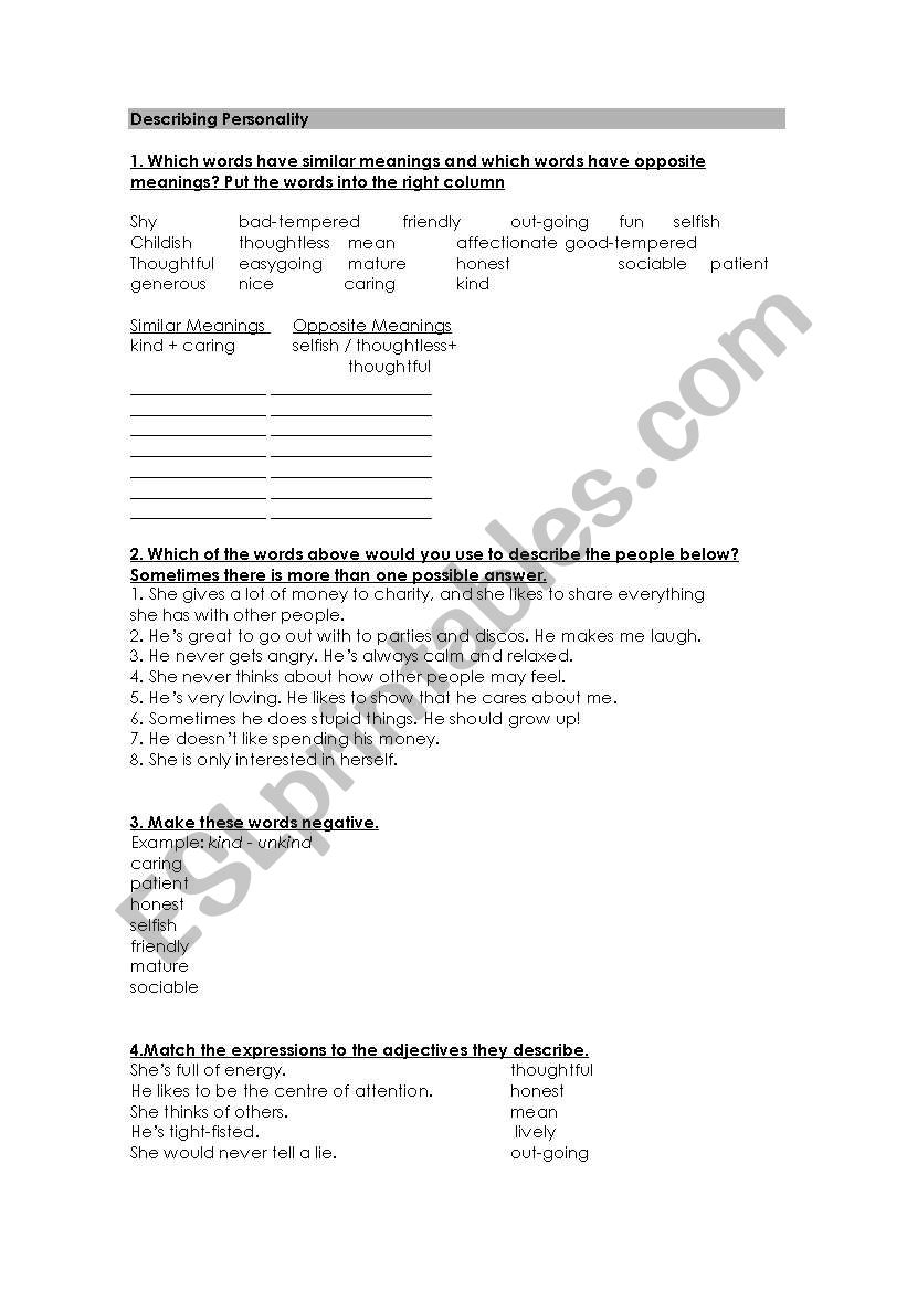 DESCRIBING PERSONALITY worksheet