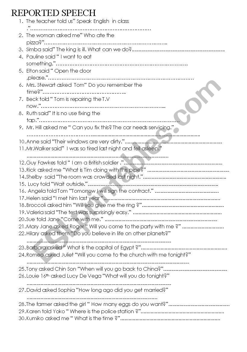 Reported Speech  mixed  worksheet