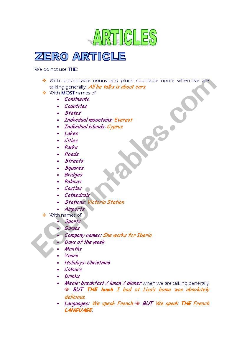 ARTICLES: ZERO ARTICLE worksheet