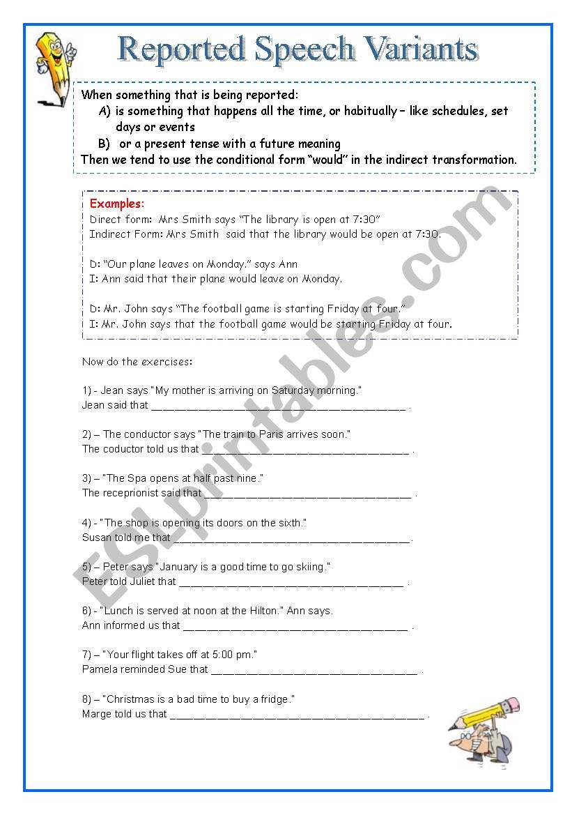 Reported Speech Variations worksheet