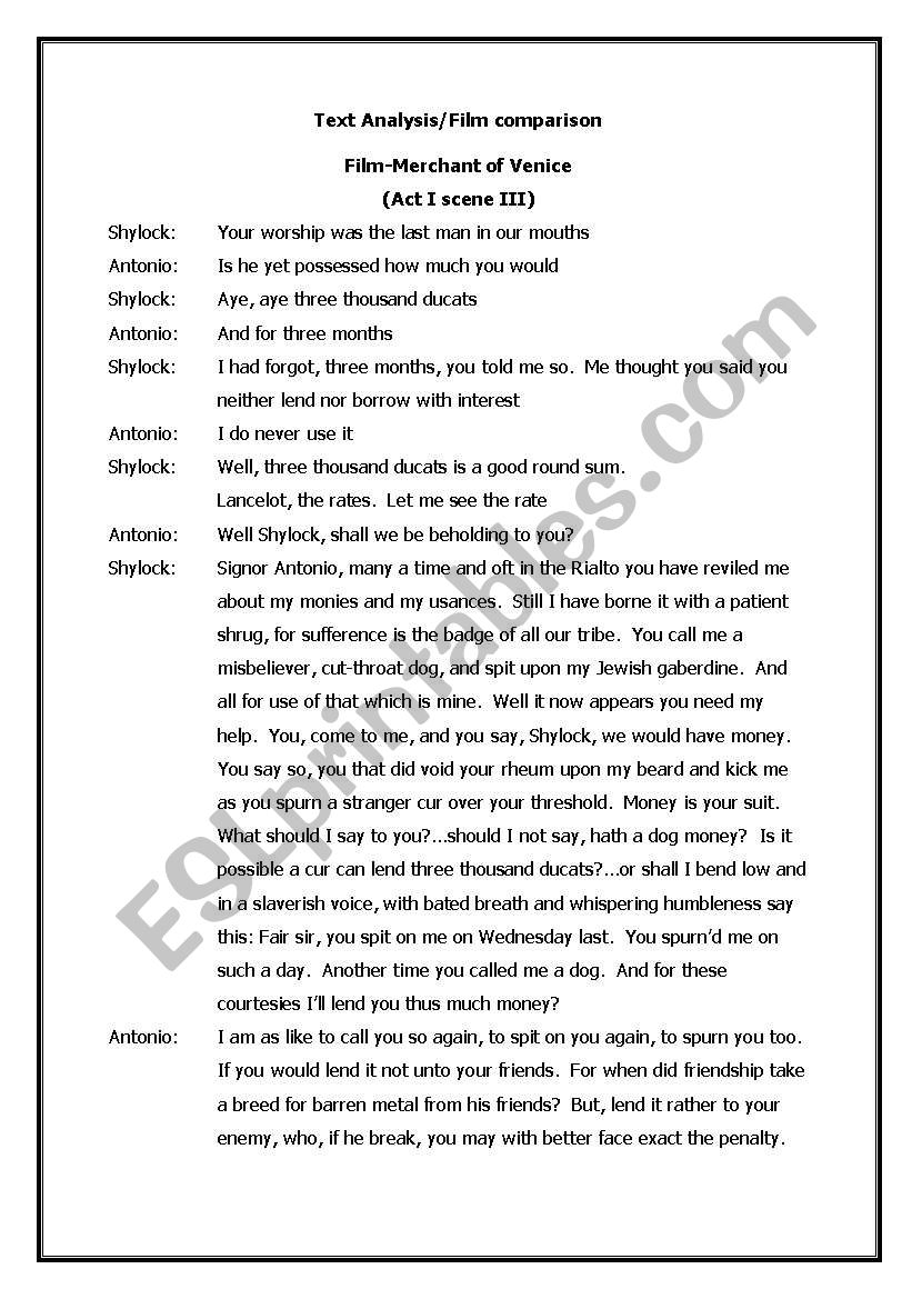 Merchant of Venice worksheet