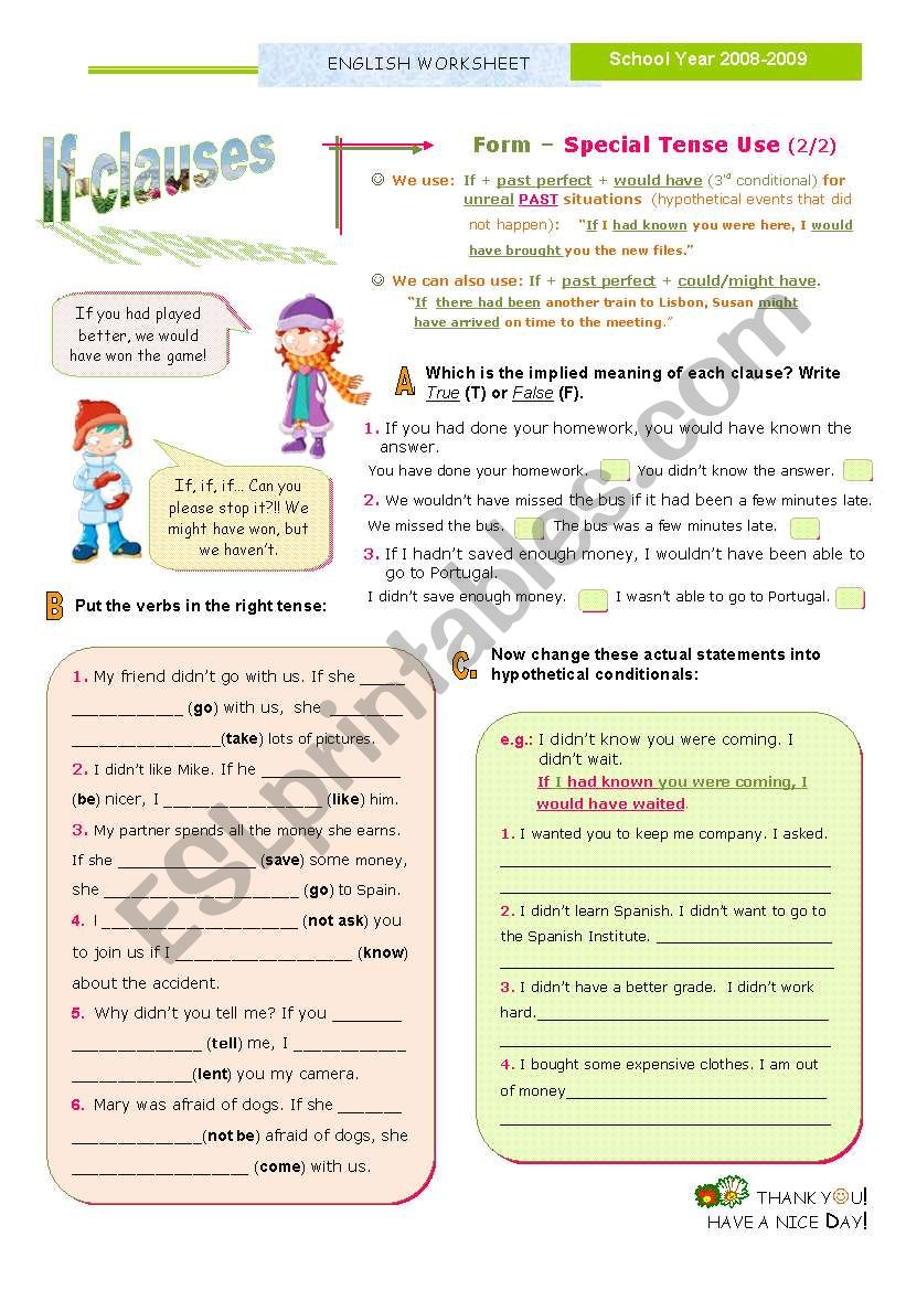 IF Clauses (3rd of the SET)  -  Special Tense Use (2/2)  -  If  + Past perfect  + would have... or other modals