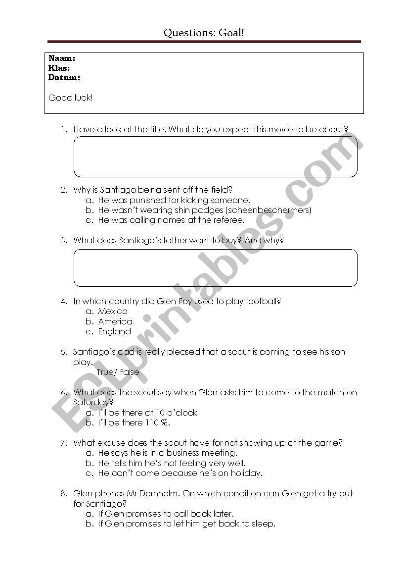 Questions to the movie: Goal! worksheet