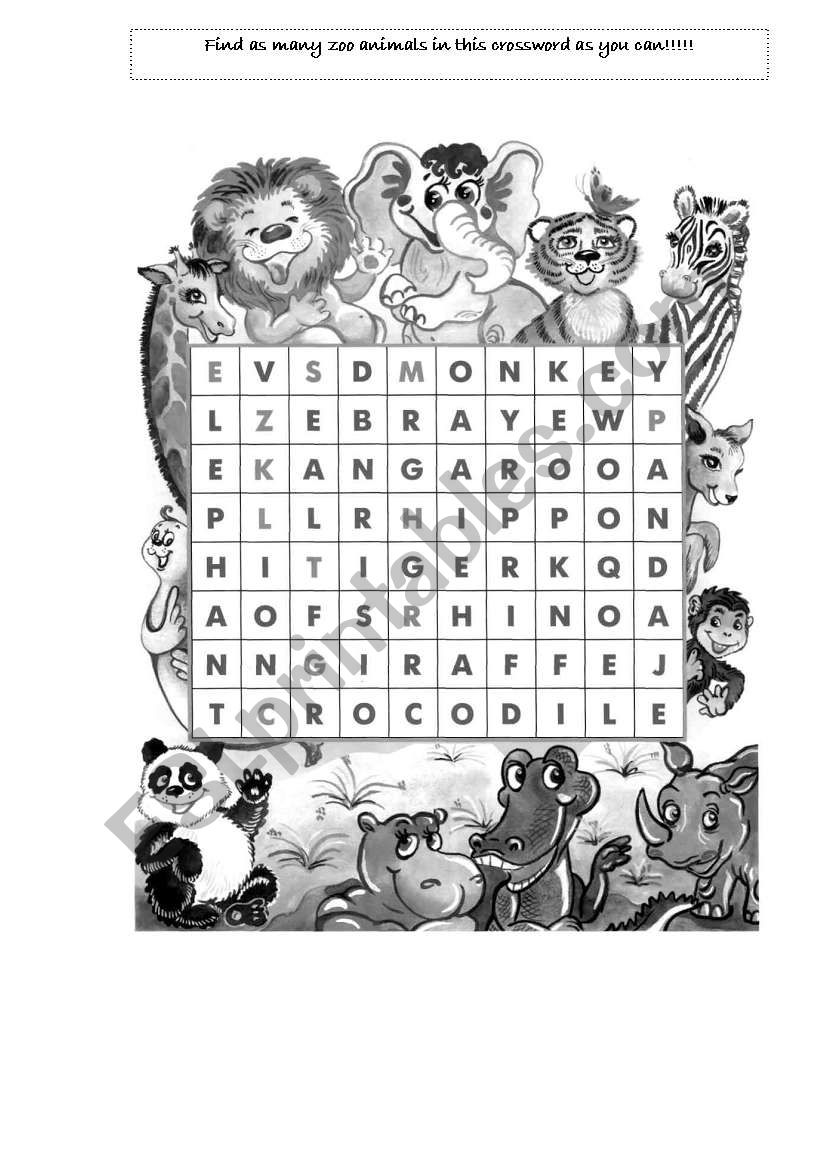 Zoo animals wordsearch puzzle worksheet