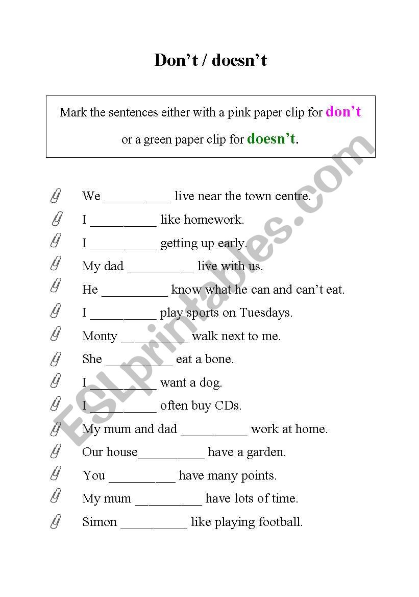 dont or doesnt worksheet