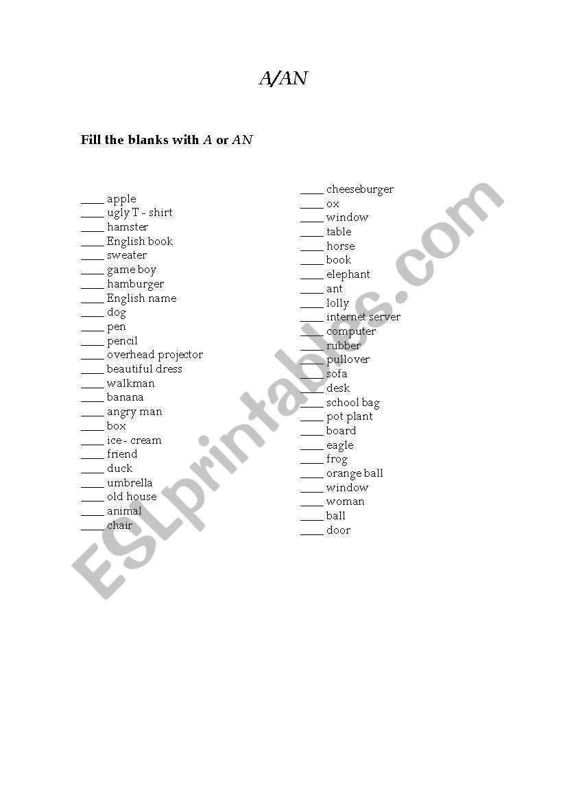 A or An worksheet