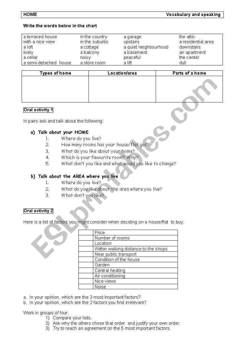 HOME: vocabulary and speaking worksheet