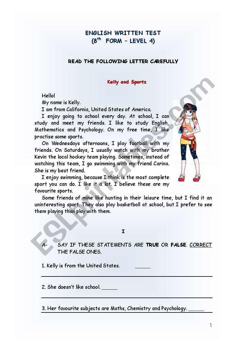 Kelly and sports worksheet