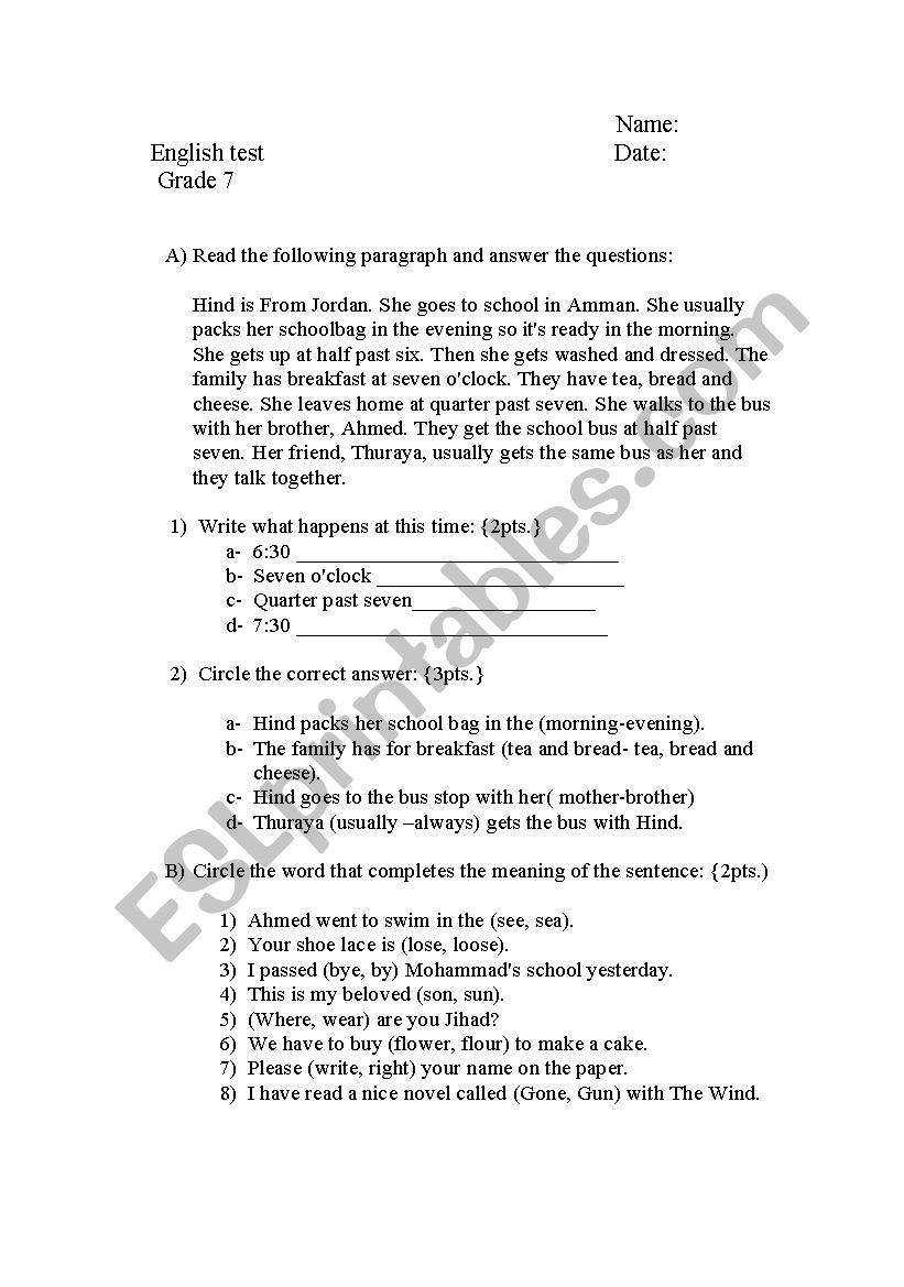 English Test worksheet