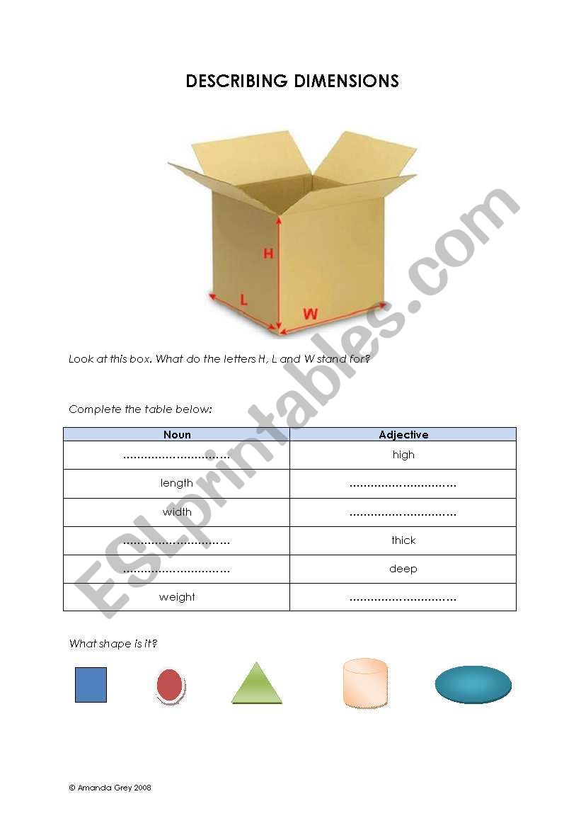 Describing Dimensions worksheet