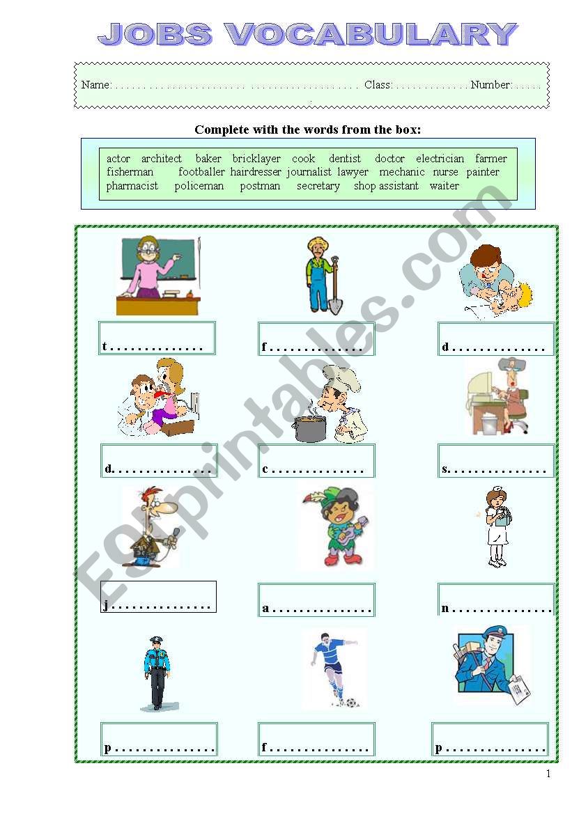 Jobs vocabulary worksheet