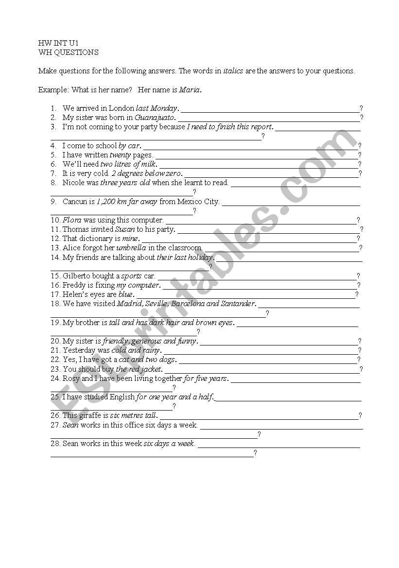 WH- questions worksheet