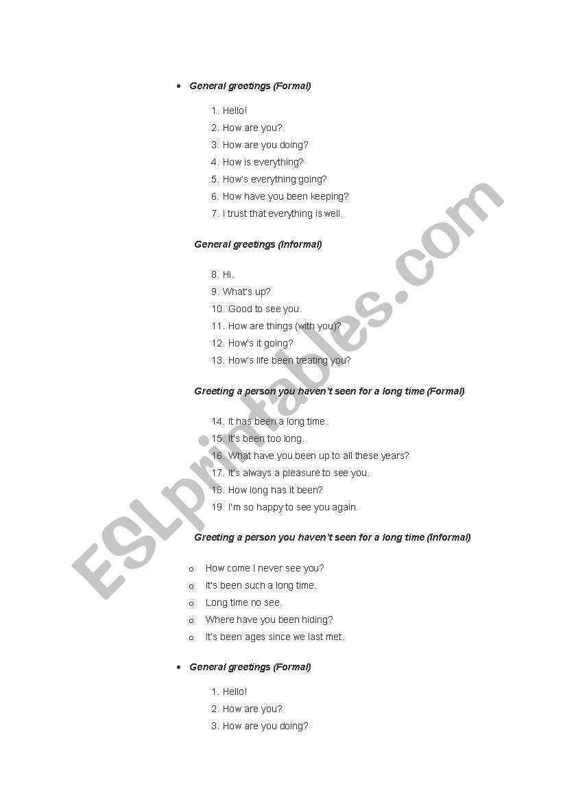 General greetings worksheet