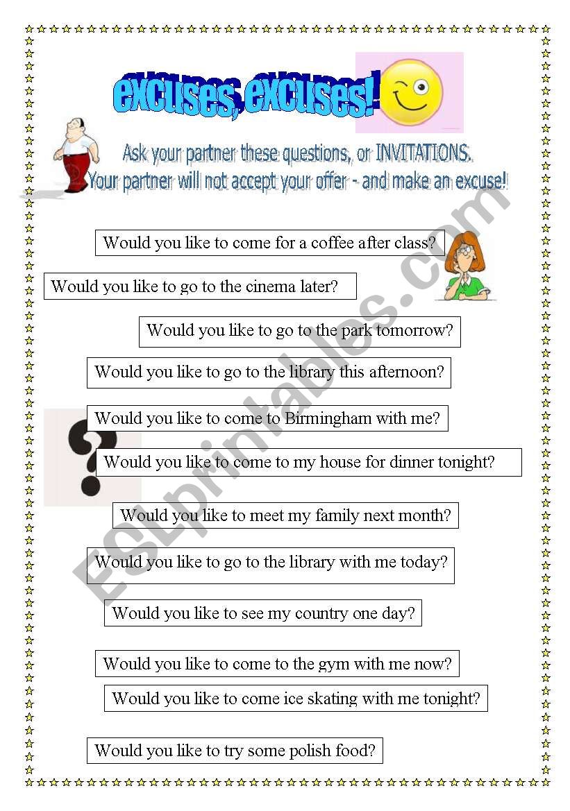 excuses - invitations!  worksheet