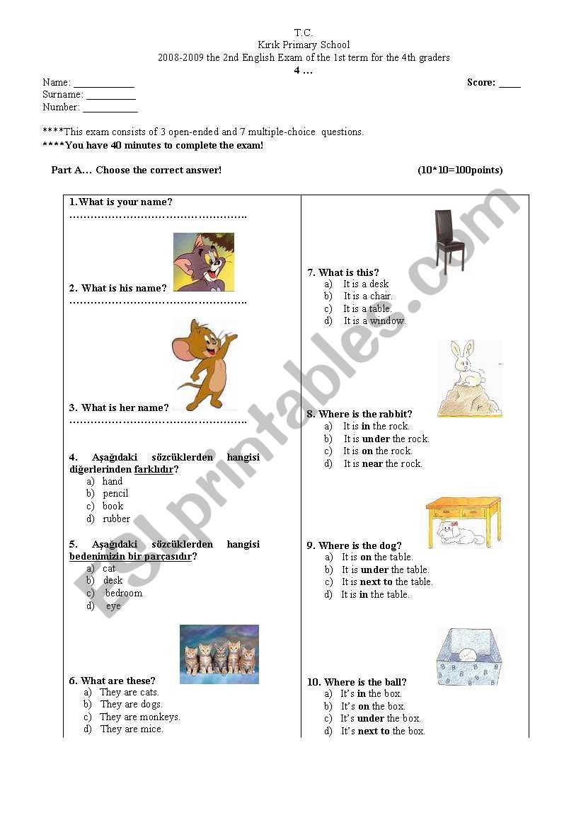 4th grade examination worksheet