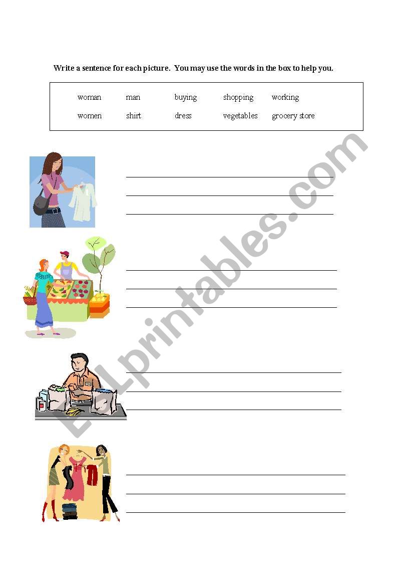 Write a sentence: Shopping worksheet