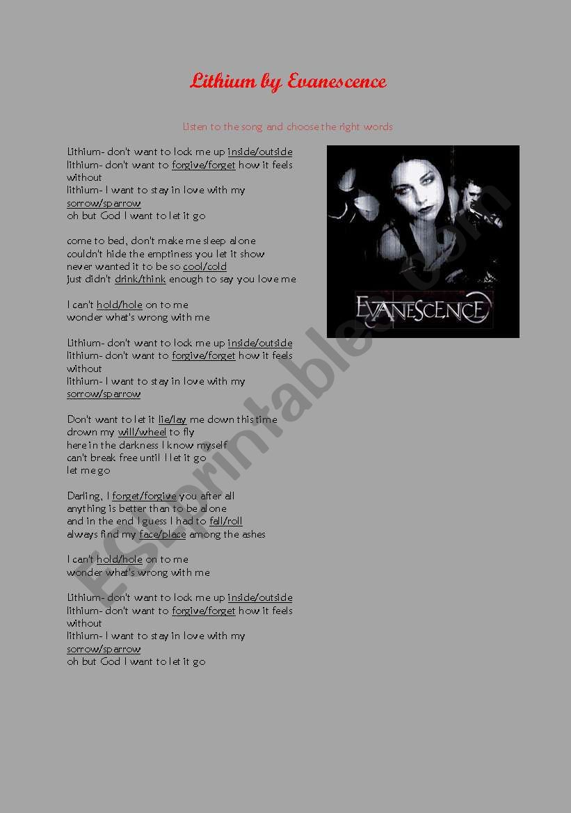 Lithium by Evanescence worksheet