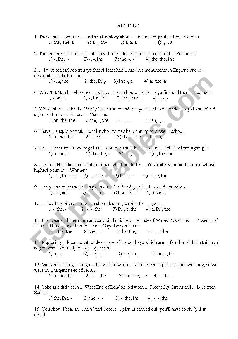 Articles worksheet