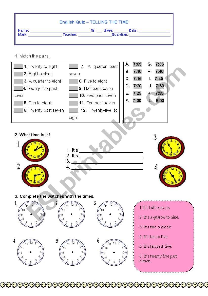 telling the time - quiz / worksheet