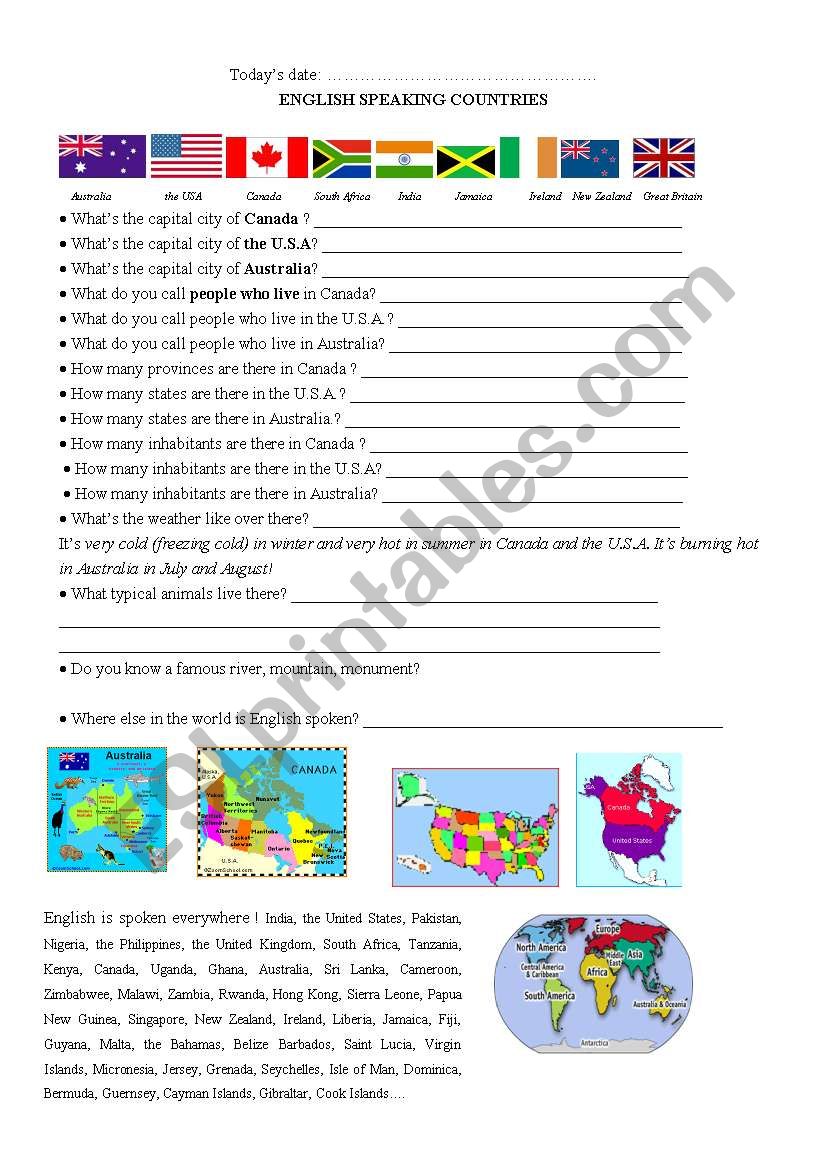 English speaking country worksheet