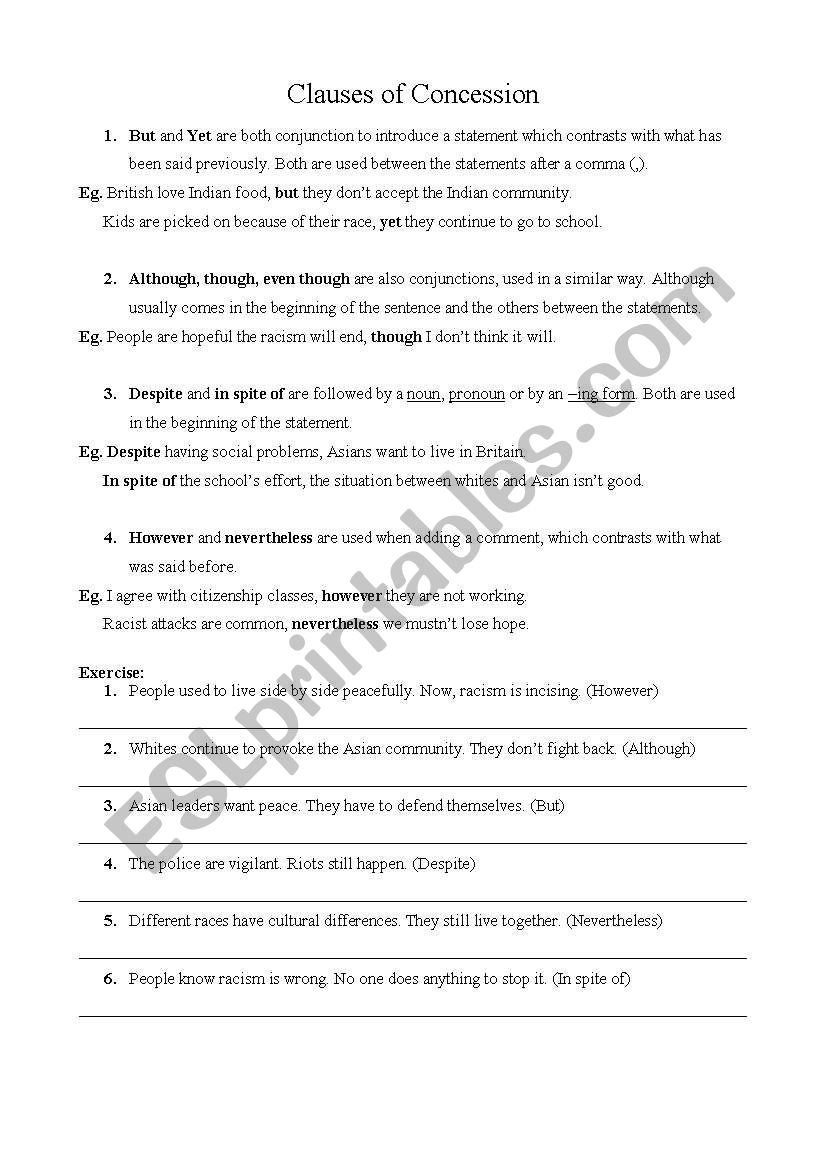 Clauses of concession worksheet