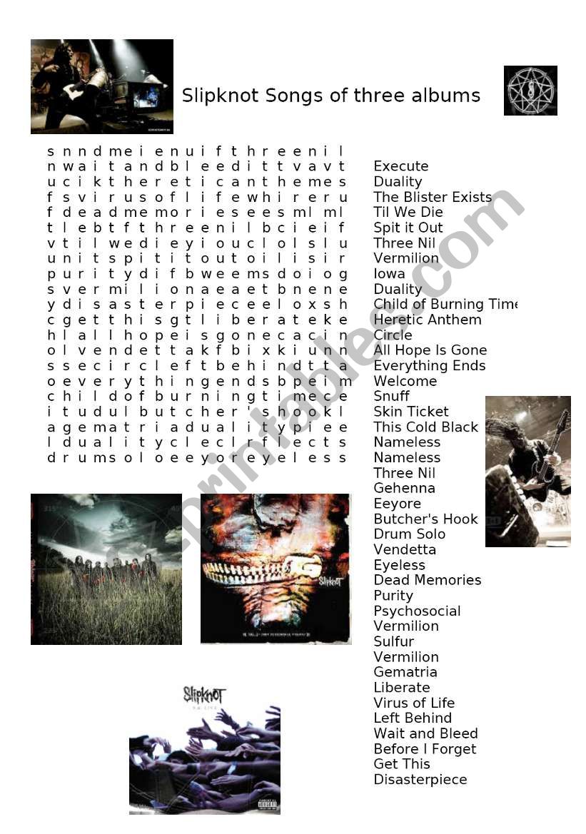 Slipknot wordsearch worksheet