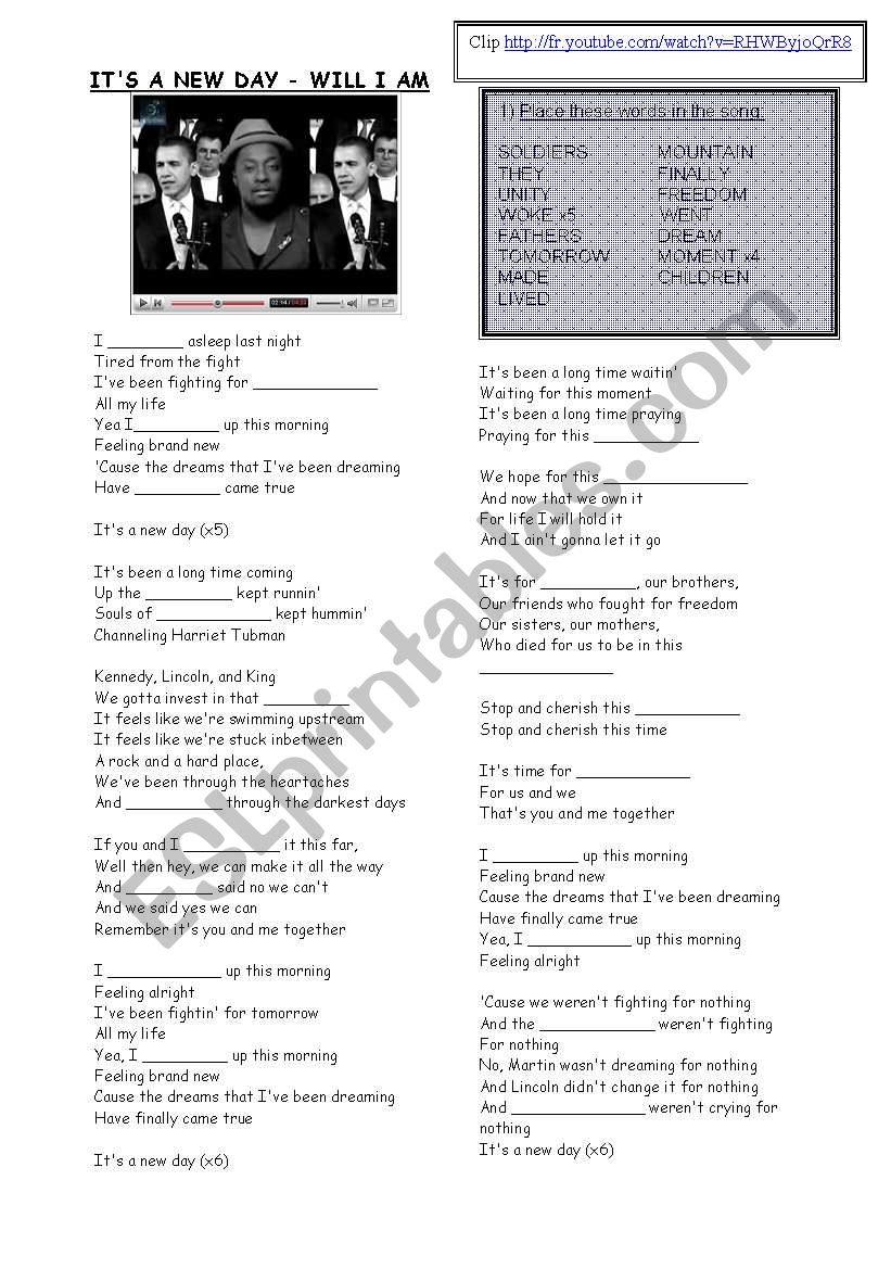 Its a new day by Will I Am worksheet