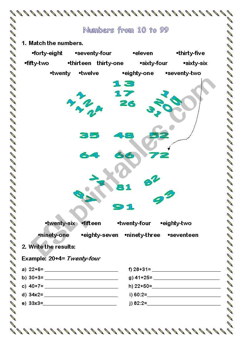 Numbers fro 10 to 99 worksheet