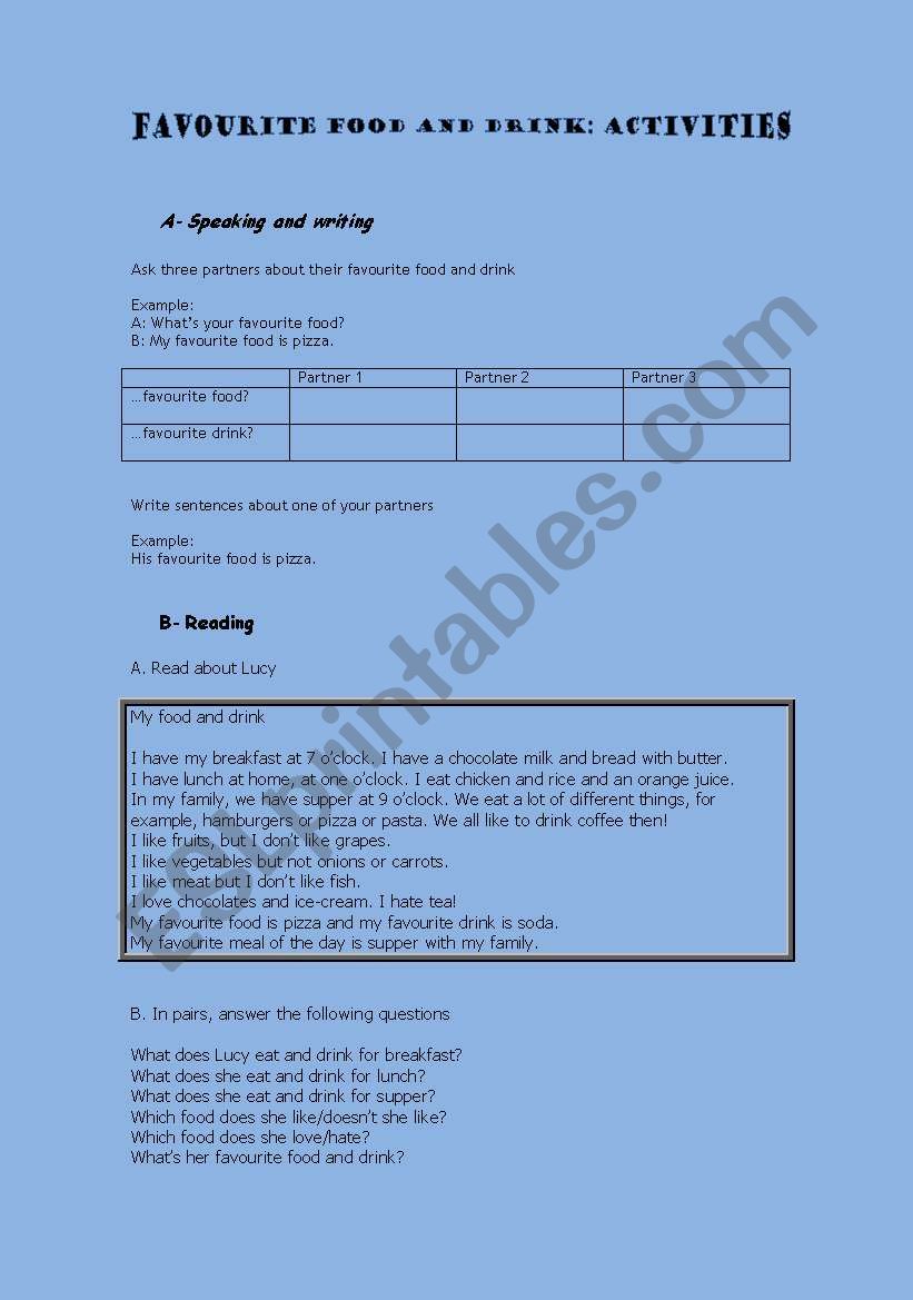 Favourite food and drink worksheet