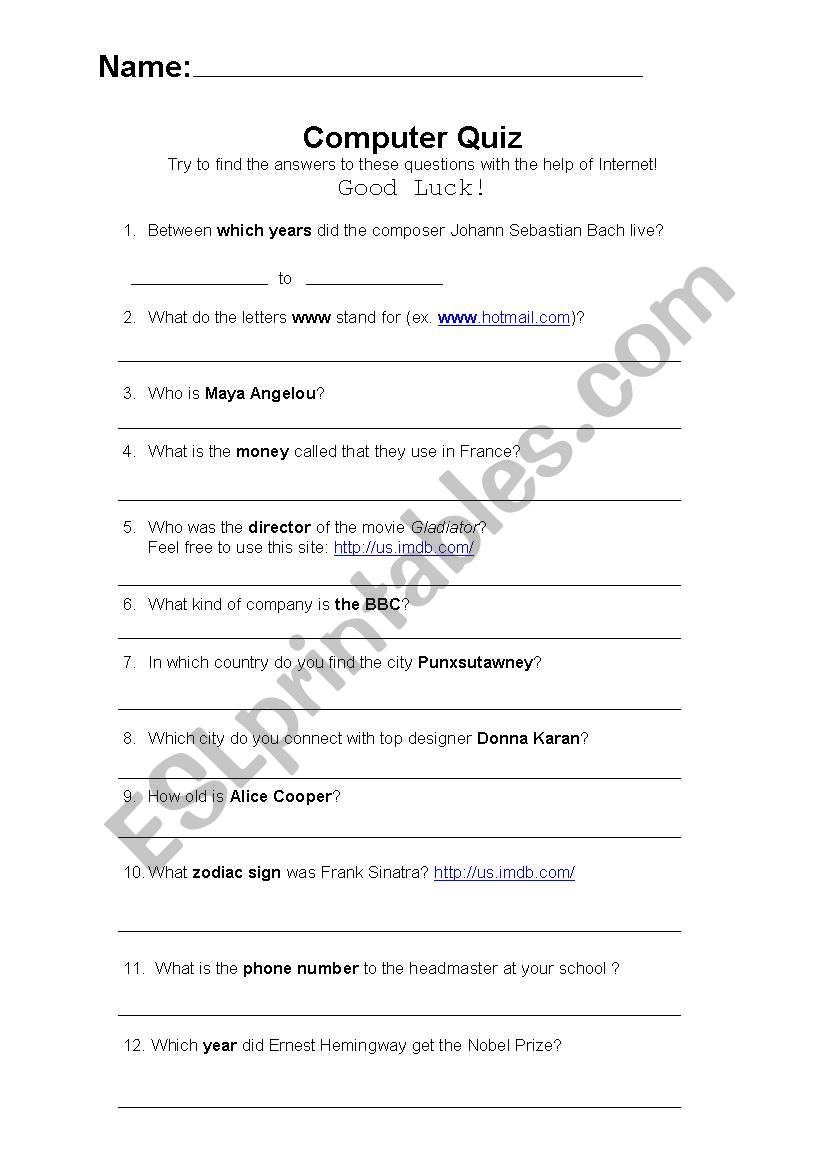 Computer Quiz worksheet