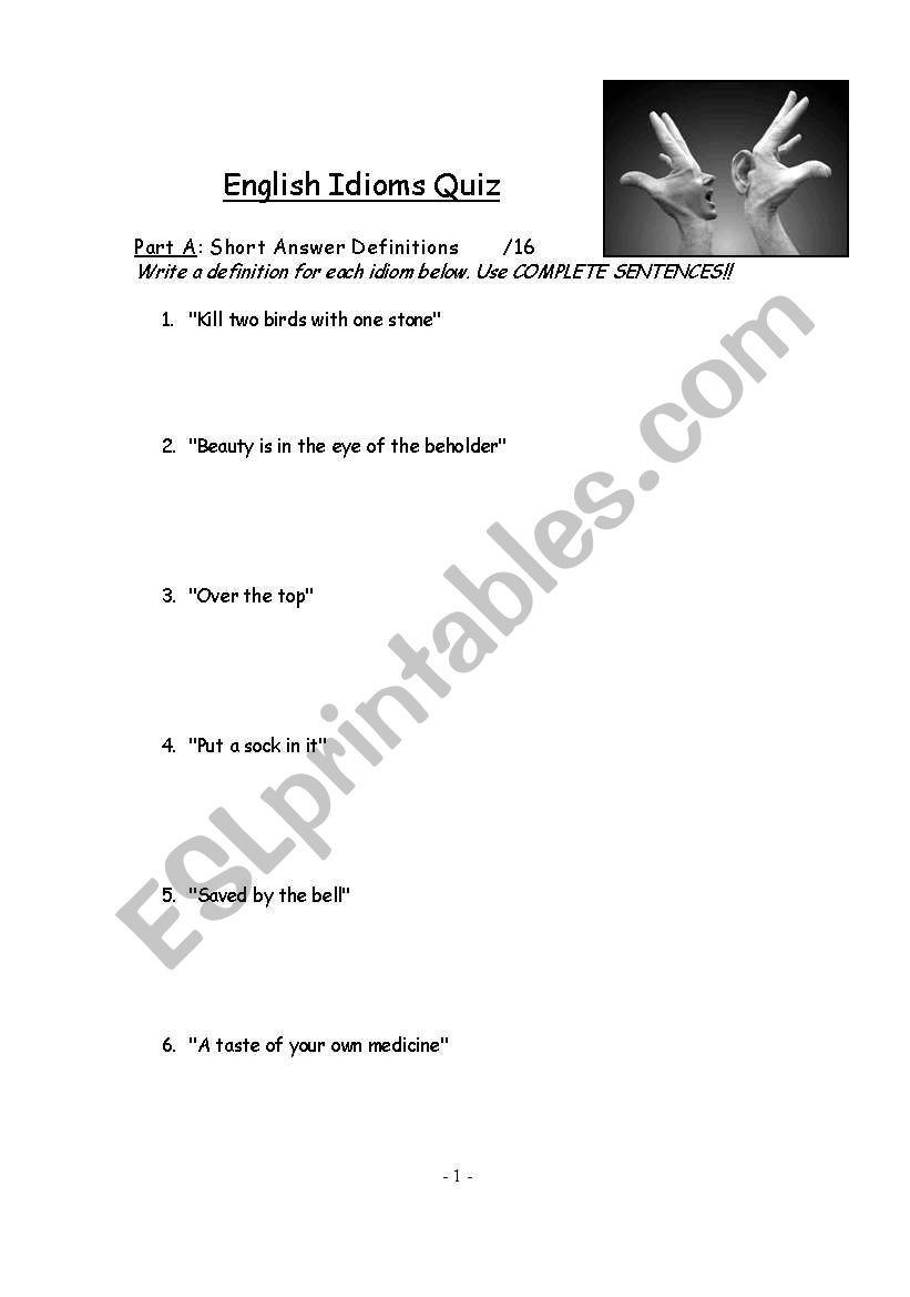 English Idioms Quiz worksheet