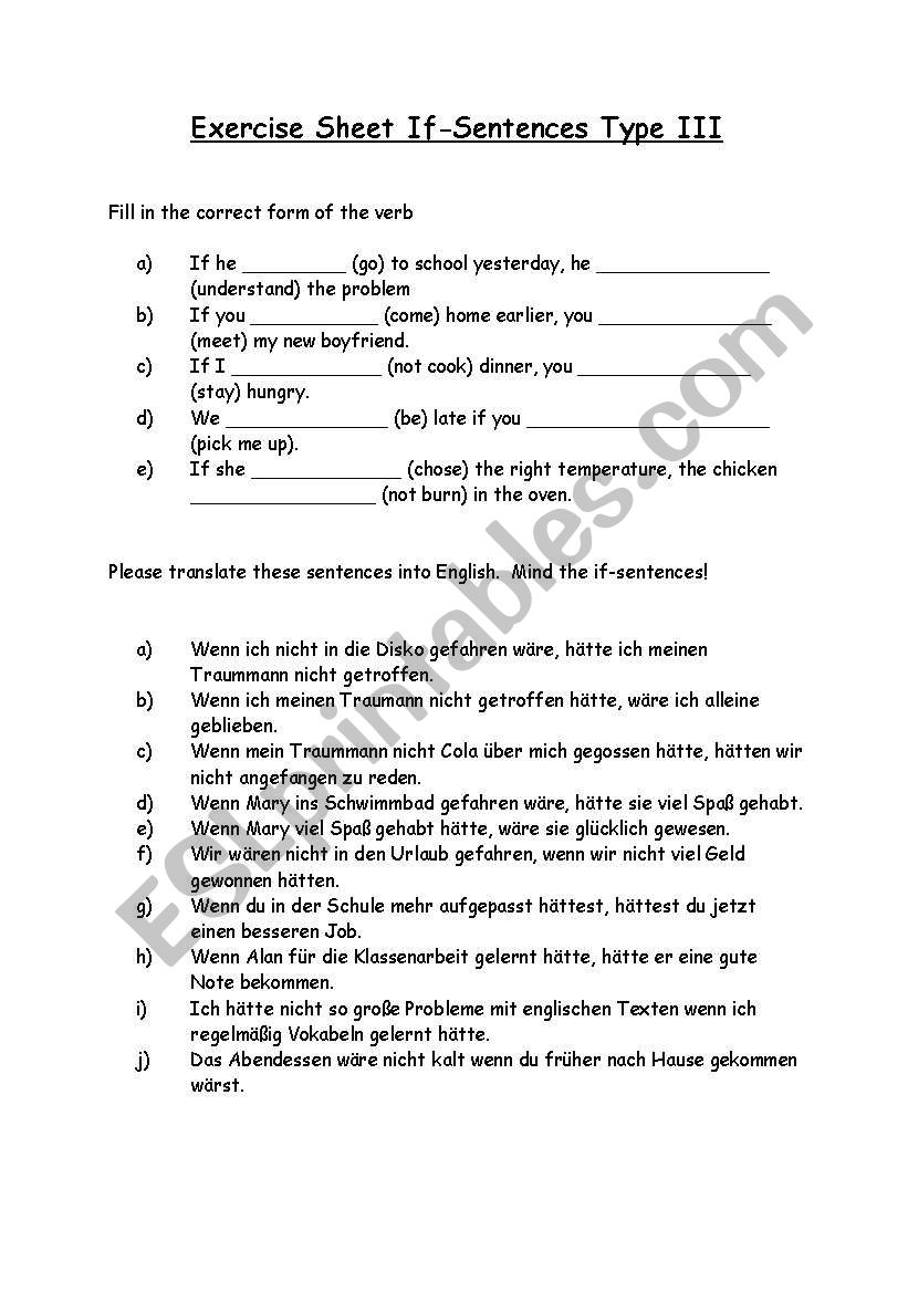 Work Sheet If-Sentences Type III