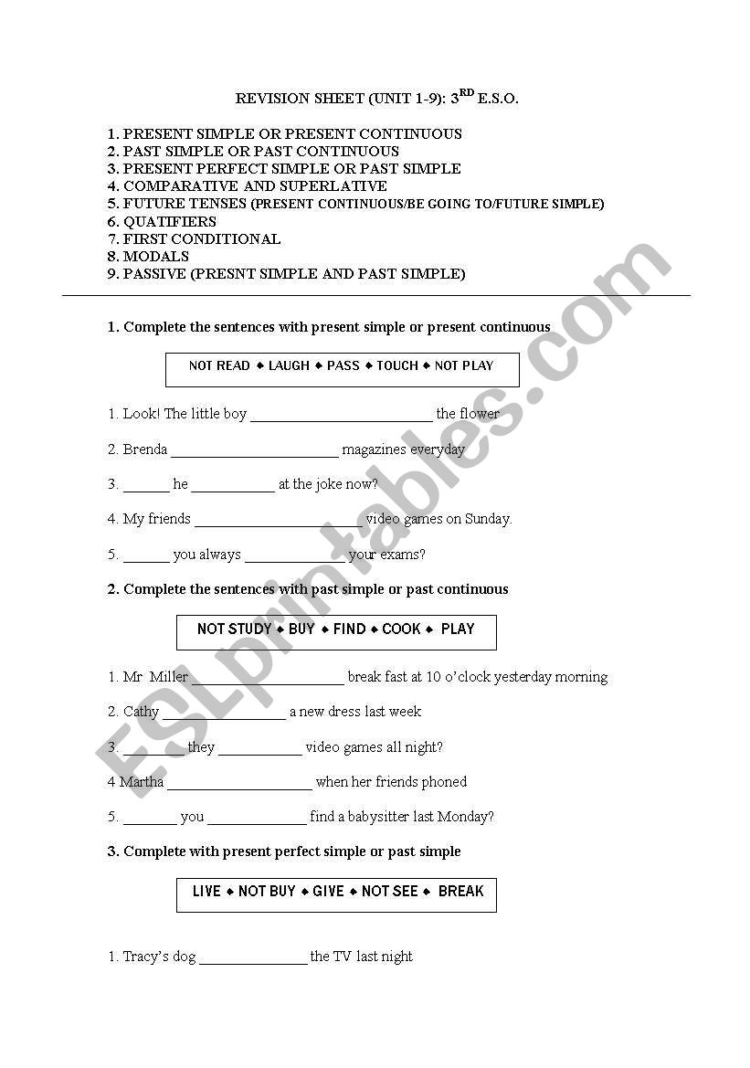 Revison sheet for 3rd E.S.O. worksheet