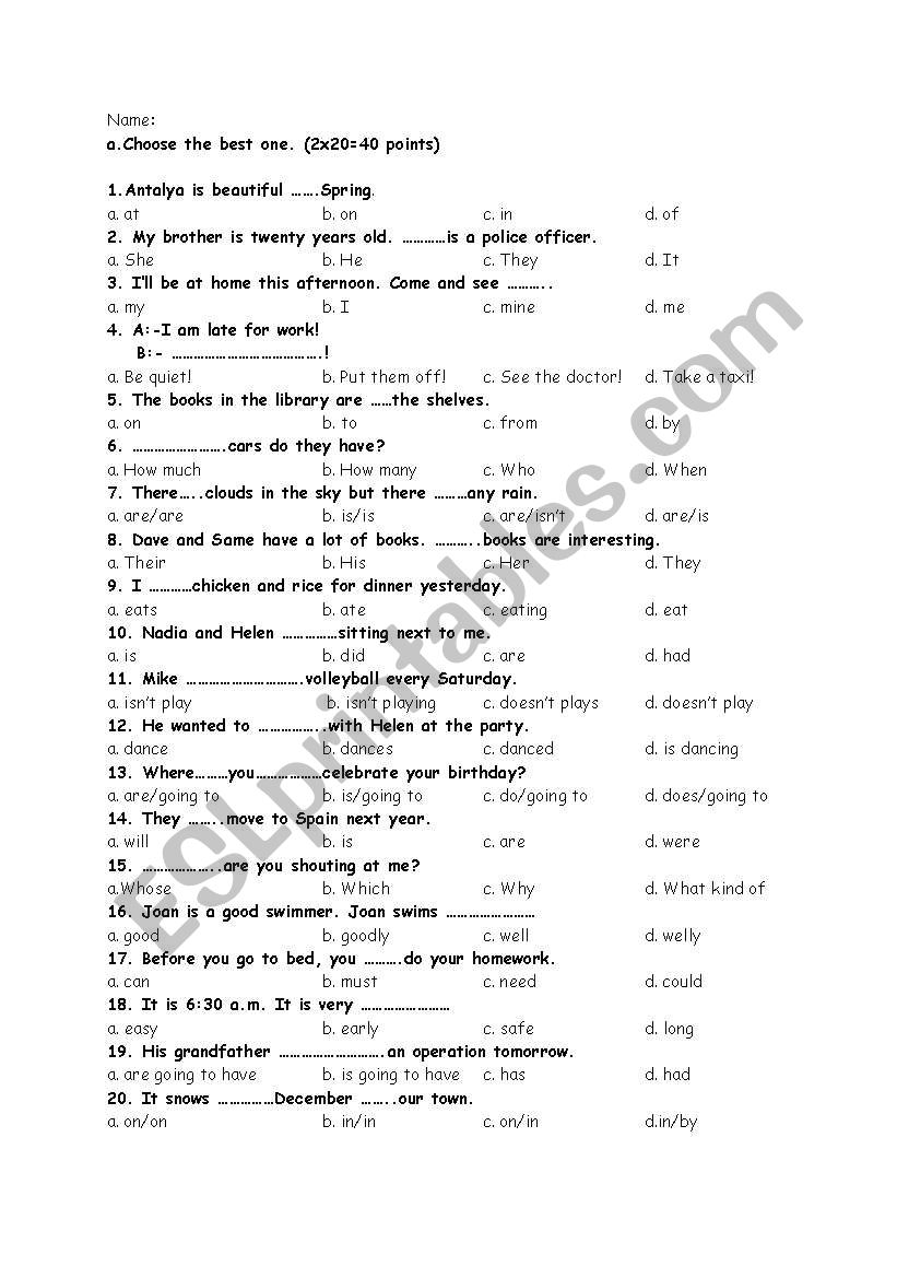 Elementary Exam worksheet