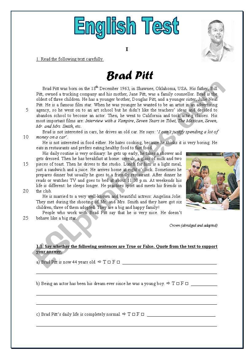 Test  on Brad Pitt and his daily routine