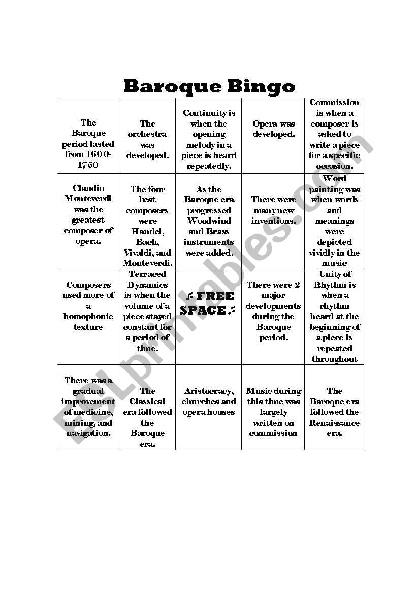 Baroque Bingo worksheet