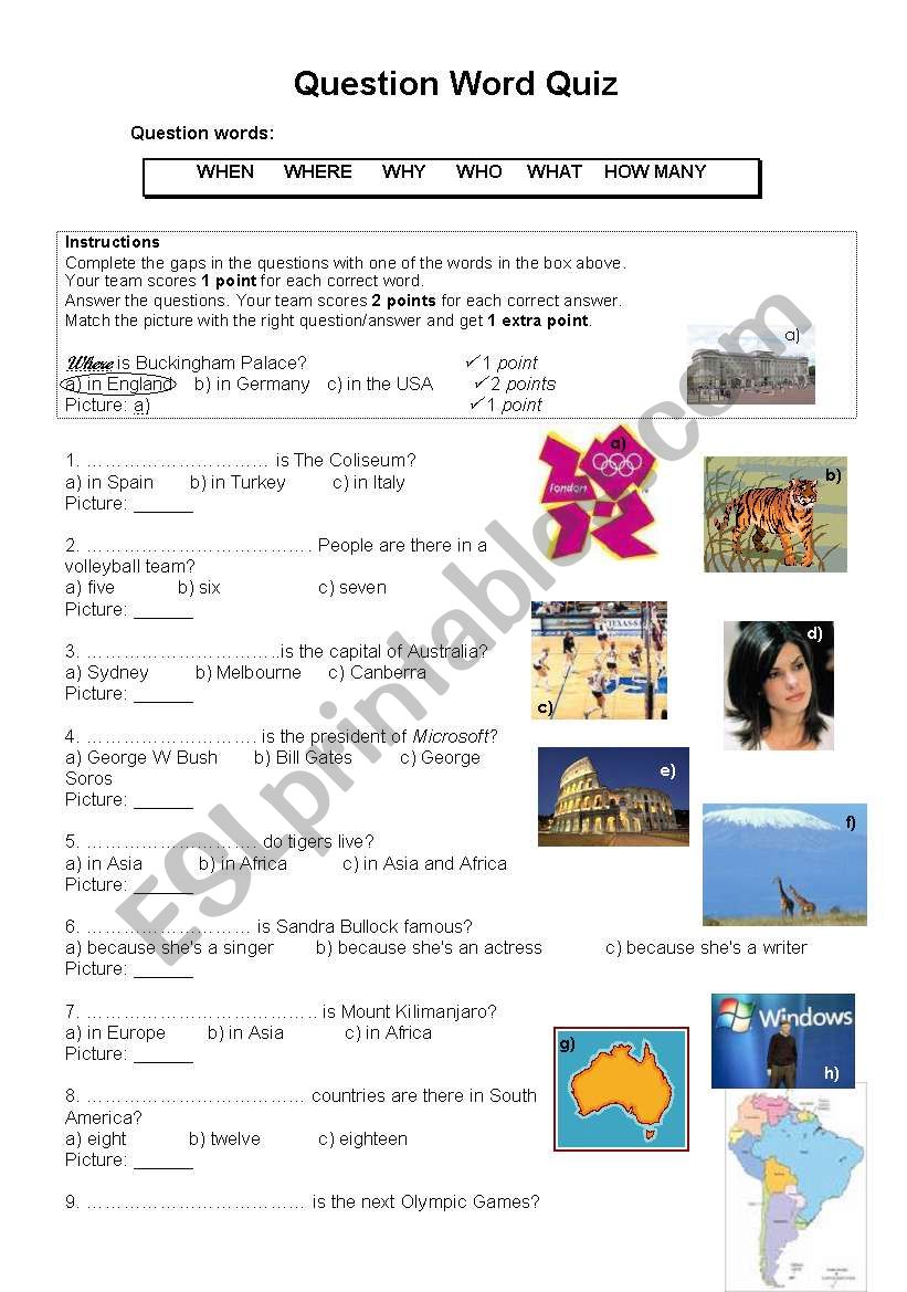 Question words quiz worksheet