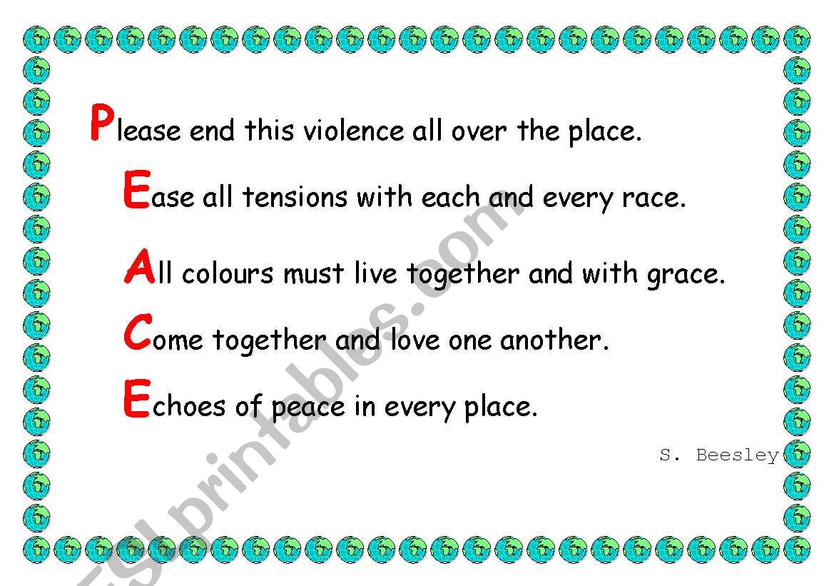 Peace acrostic worksheet