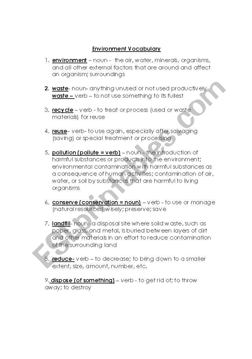 Environment Vocabulary worksheet