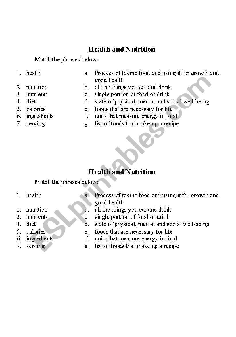 Health & Nutrition worksheet