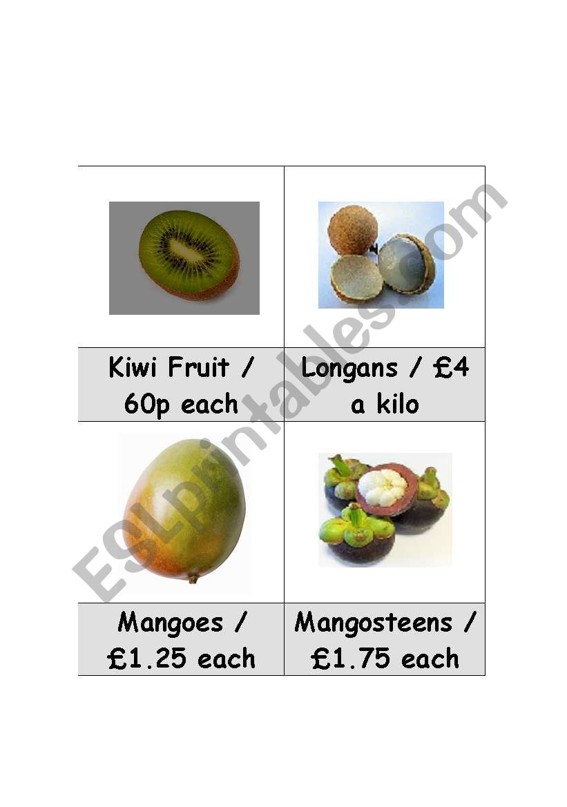 Fruit shopping game vocabulary cards