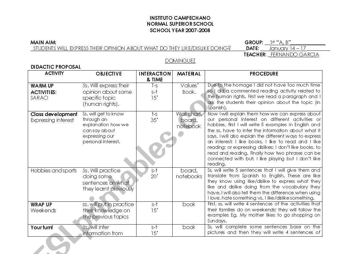 LIKES/DISLIKES (ACTIVITIES) worksheet