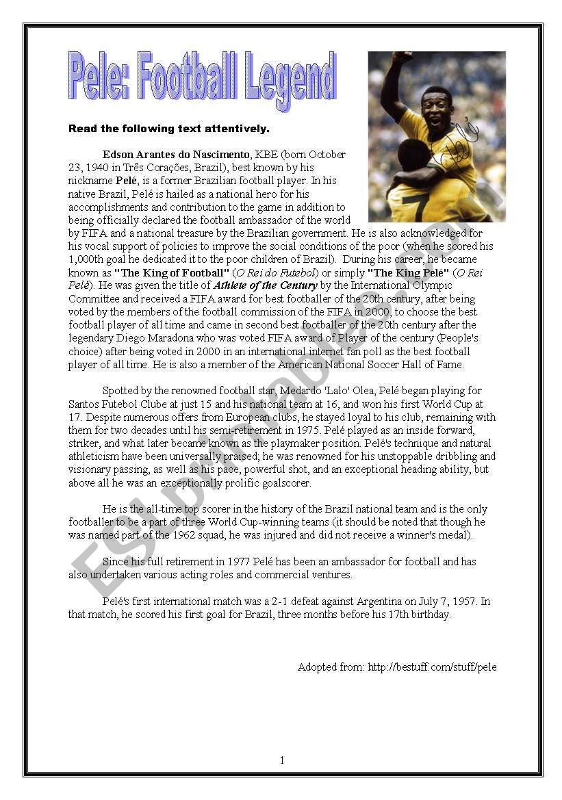 Pele the Football Legend worksheet