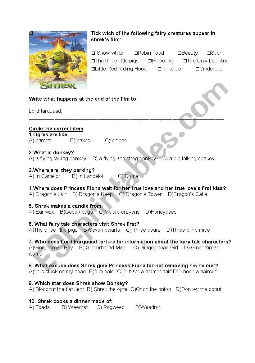 shrek I worksheet