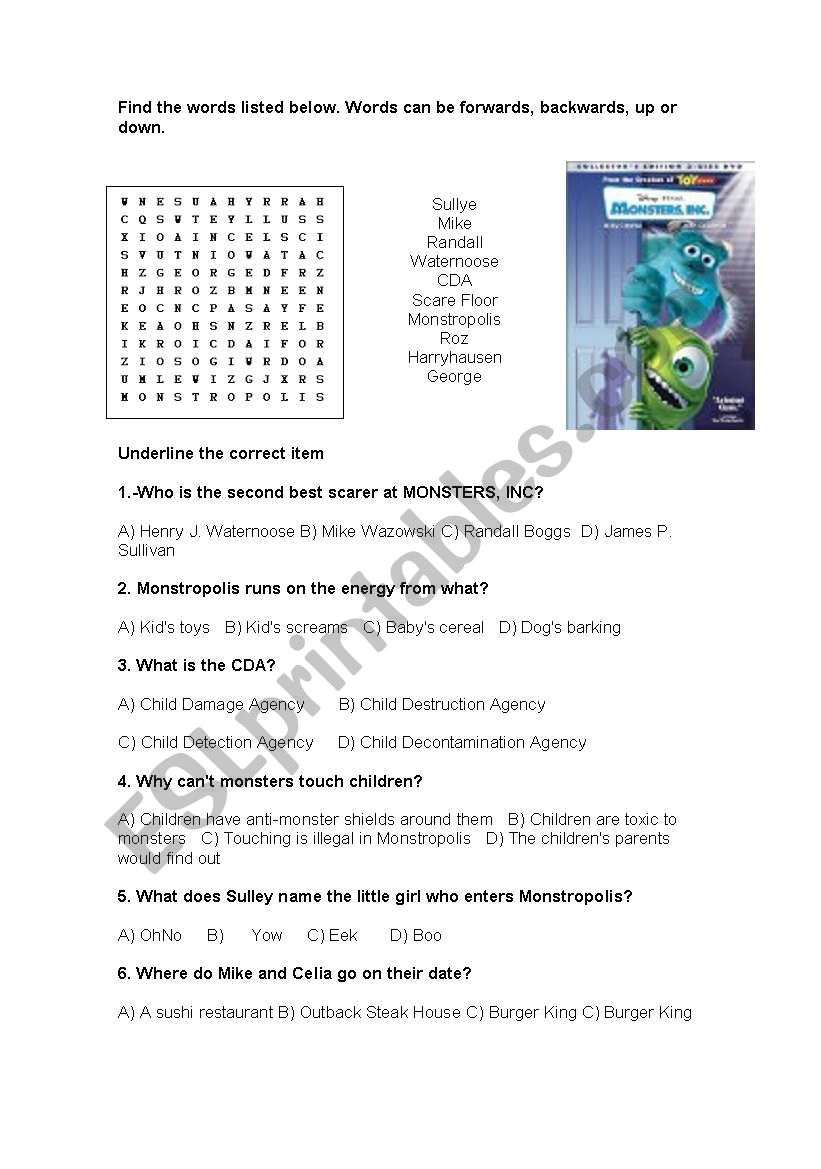 monster inc worksheet