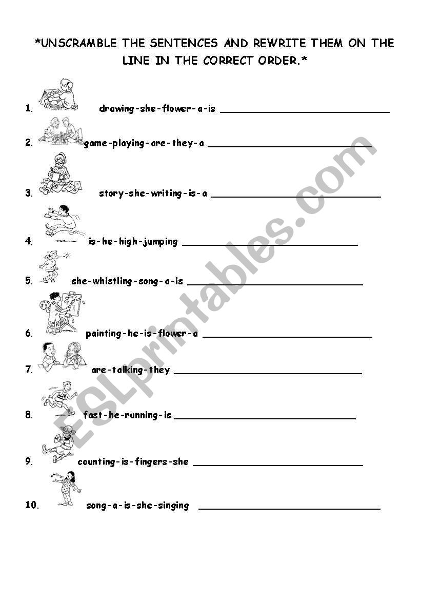 unscramble sentences (actions with -ing)