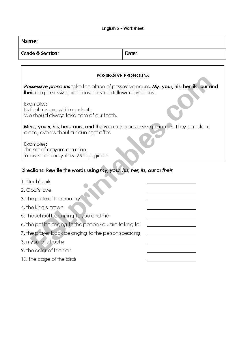 Possessive Pronouns worksheet